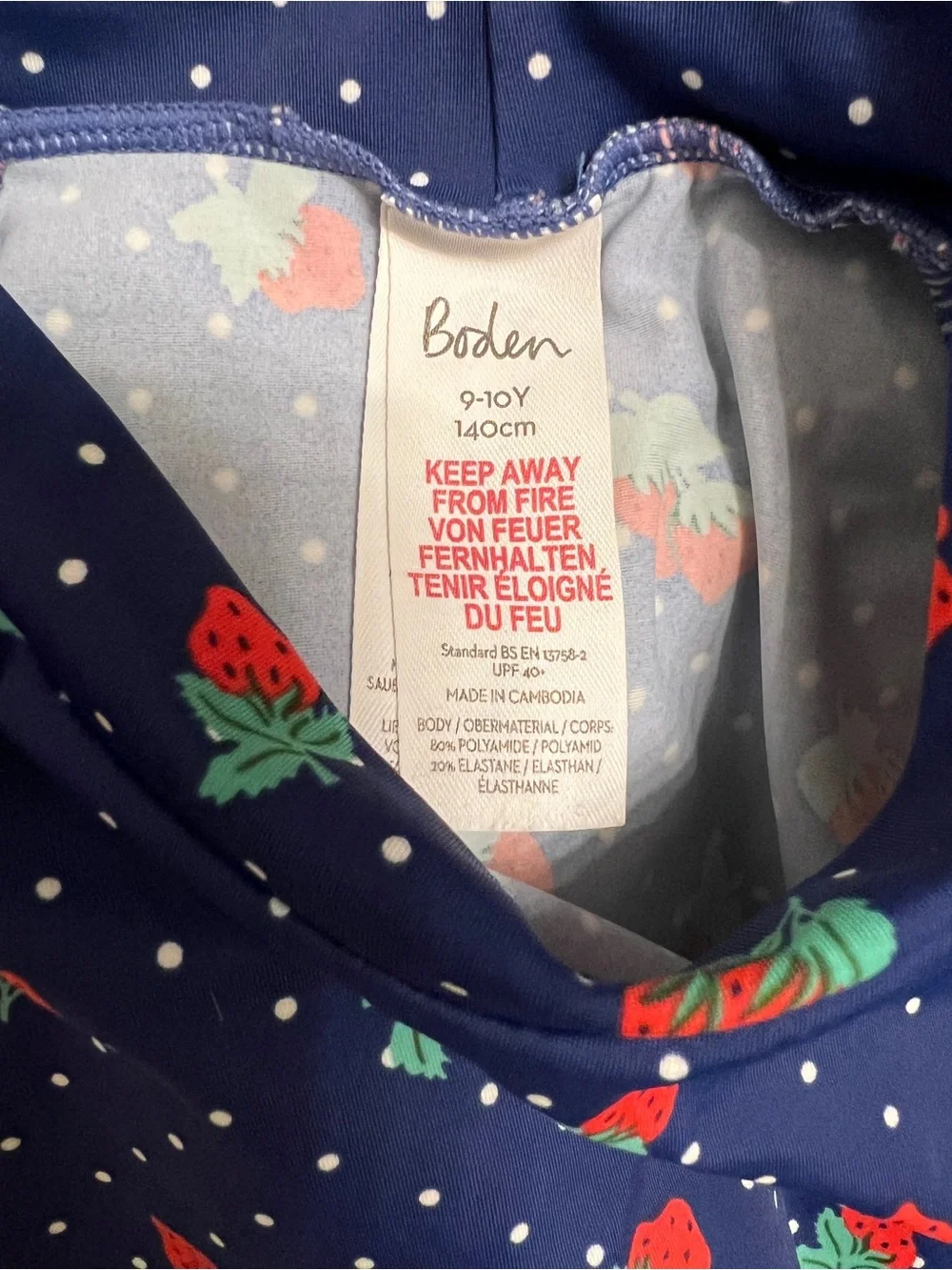 Mini Boden Girls strawberry polka dot rash guard high neck swim top Sz 9-10